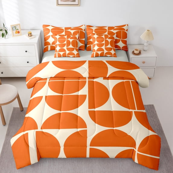 Manfei Orange Modern Minimalism Bedding Comforter Set 7pcs, Abstract Geometric Queen Bedding Sets, Teen Child Kid Adult Reversible Queen Sheet Sets, Breathable Home Decor