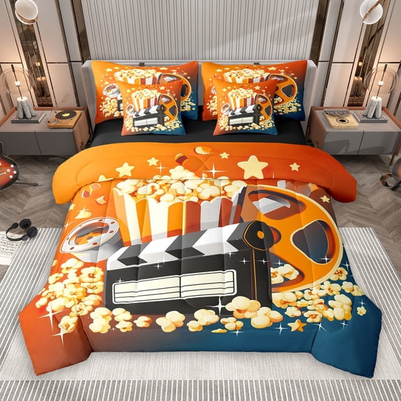 Manfei Orange Movie Theater 7-Piece Bedding Comforter Set for Teens, Cartoon Cinema Popcorn King Bedding Sets, Retro Night Filmstrip Reversible Bed Sheets, Luxury Bedroom Decor