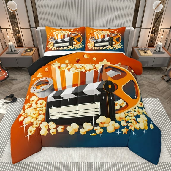 Manfei Orange Movie Theater Bedding Comforter Set for Teens, Cartoon Cinema Popcorn Twin Comforter Sets, Retro Night Filmstrip Reversible Bedding Set, Luxury Bedroom Decor, 2 Pieces