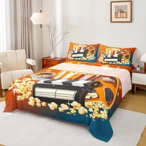 Manfei Orange Movie Theater Twin Sheet Sets for Teens, Cartoon Cinema Popcorn Twin Fitted Sheet, Retro Night Filmstrip Flat Sheet, Luxury Bedroom Decor, 3 Pieces