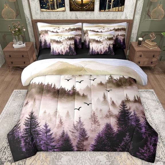 Manfei Orange Nature Scenery Bedding Comforter Set 7pcs, Jungle Mountain Pine Tree King Bedding Sets, Retro Natural Landscape Reversible Bed Sheets, Luxury Bedroom Decor