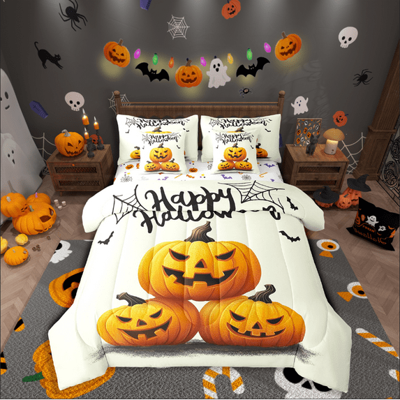 Manfei Orange Pumpkin Bed in a Bag Full size,Botanical Plants Bed Set,Spooky Animal Bedding Full Size,Lightweight Halloween Bedroom Decoration,Reversible,7 Pieces