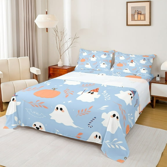 Manfei Orange Pumpkin Bed Sheets Queen, Magic Gothic Ghost Queen Sheet Sets, Halloween Theme Bedding Sets Queen Size, Microfiber Bedroom Decorative, 4pcs