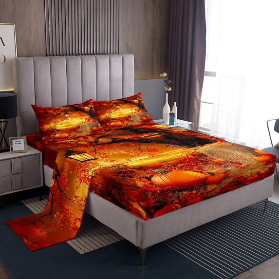 Manfei Orange Pumpkin Bed Sheets Set Queen Size,Maple Leaf Bedding Sets Queen Size,Thanksgiving Day Bed Sheets Queen,Super Cozy Autumn Bedroom Decoration,4 Pieces