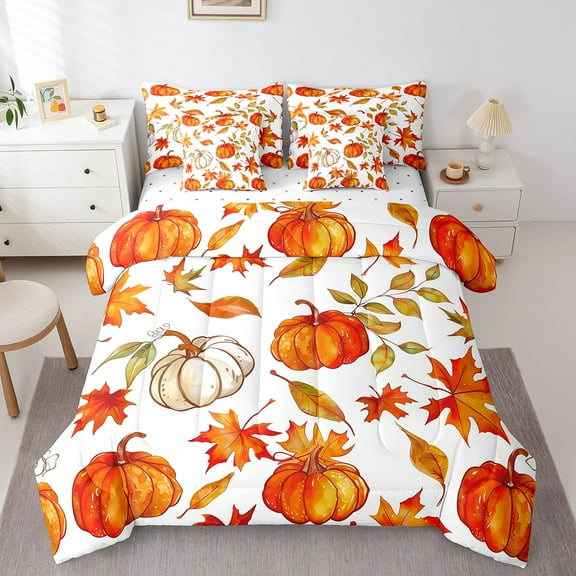 Manfei Orange Pumpkin Bedding Comforter Set 7pcs,Autumn Fall Leaves Queen Bedding Sets,Halloween Fruit Queen Sheet Sets,Microfiber Bedroom Decor Reversible