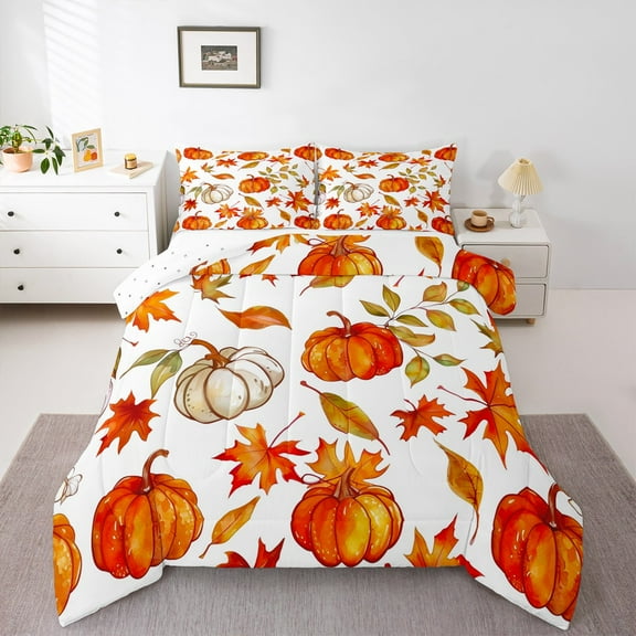 Manfei Orange Pumpkin Bedding Comforter Set,Autumn Fall Leaves Twin Comforter Sets,Halloween Fruit Bedding Set,Microfiber Bedroom Decor Reversible,2-Piece