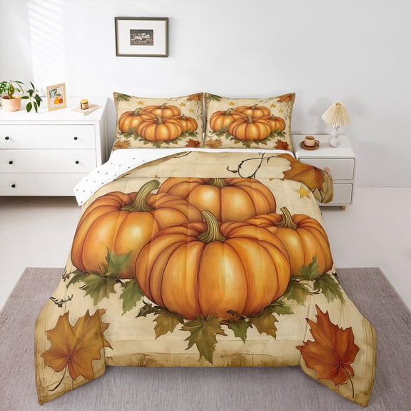 Manfei Orange Pumpkin Bedding Comforter Set,Autumn Maples Twin Comforter Sets,Happy Fall Bedding Set For Children,Breathable Home Decor Reversible,2-Piece