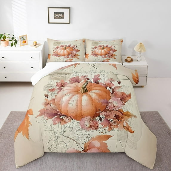 Manfei Orange Pumpkin Bedding Sets Full with Comforter,Autumn Harvest Duvet Insert,Rustic Farmhouse Leaves Comforter Sets Full Size,Breathable Room Decor,3pcs