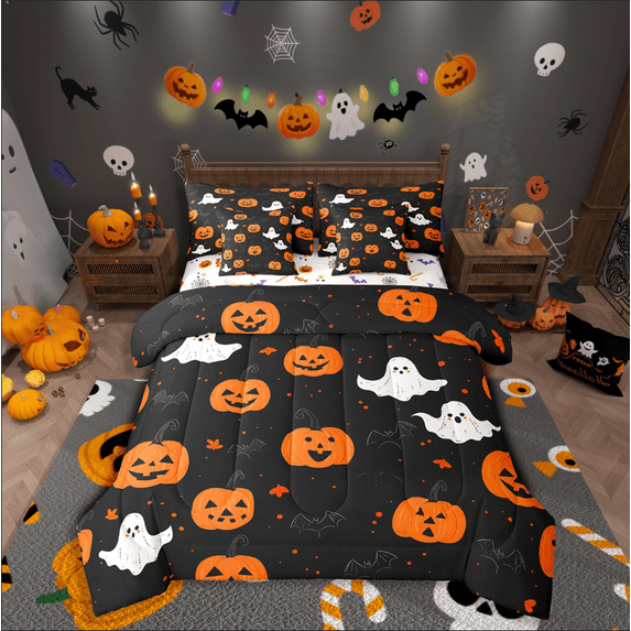 Manfei Orange Pumpkin Bedding Sets Twin Size,White Ghost Comforter Sets with Sheets,Festival Halloween Bed in a Bag Twin size,Ultra Soft Children Bedroom Decor,Reversible,7-Piece