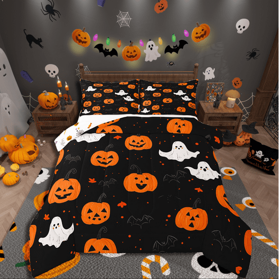 Manfei Orange Pumpkin Bedding Twin Comforter Set,White Ghost Down Comforter,Festival Halloween Bedding Sets Twin with Comforter,Ultra Soft Children Bedroom Decor,Reversible,2-Piece