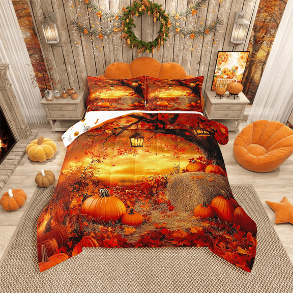 Manfei Orange Pumpkin Comforter Sets Toddler Size,Maple Leaf Comforters & Duvets,Thanksgiving Day Bedding Toddler Comforter Set,Super Cozy Autumn Bedroom Decoration,Reversible,2pcs