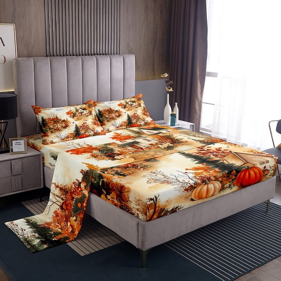 Manfei Orange Pumpkin Full Sheet Sets,Rustic Cabin Bedding Full Size,Thanksgiving Day Bed Sheets Set Full Size,Lightweight Autumn Room Decor,4-Piece