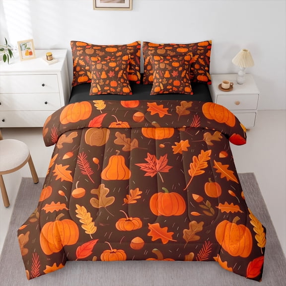 Manfei Orange Pumpkin Maples 7-Piece Bedding Comforter Set,Rustic Farmhouse Cabin King Bedding Sets,Autumn Harvest Bed Sheets For Teens,Breathable Home Decor Reversible
