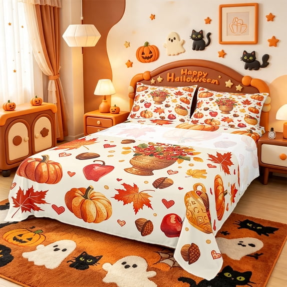 Manfei Orange Pumpkin Maples Queen Sheets,Fall Thanksgiving Print Queen Sheet Sets,4 Pieces,1 Flat Sheet,1 Fitted Sheet and 2 Pillowcases