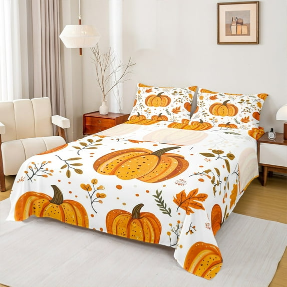 Manfei Orange Pumpkin Queen Sheet Sets,Rustic Farmhouse Cabin Flat Sheet,Thanksgiving Day Queen Fitted Sheet,Lightweight Room Decoration,4pcs