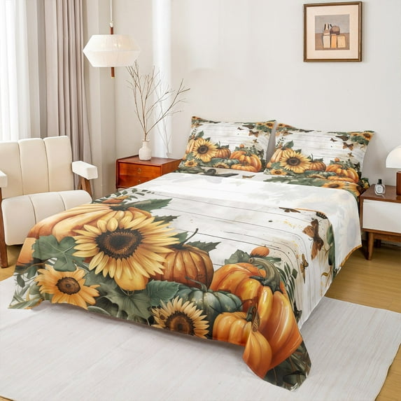 Manfei Orange Pumpkin Queen Sheet Sets, Rustic Sunflower Bed Sheets Queen, Fall Harvest Bedding Sets Queen Size, Lightweight Room Decorative, 4pcs