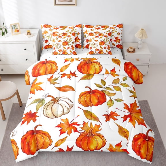 Manfei Orange Pumpkin Twin Bedding Sets 7-Piece,Autumn Fall Leaves Bedding Comforter Set 7-Piece,Halloween Fruit Sheet Sets,Microfiber Bedroom Decor Reversible