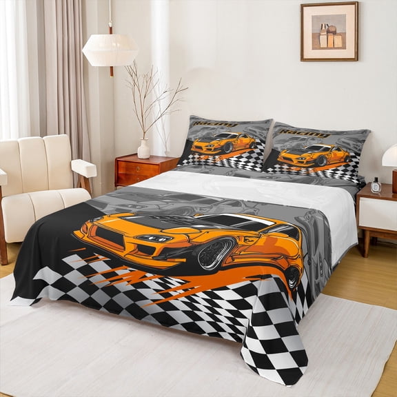 Manfei Orange Racing Car Bed Sheets 4pcs for Boys, Speed Sports Car King Sheets, Black White Plaid Flag Sheet Set, Super Cozy Room Decor