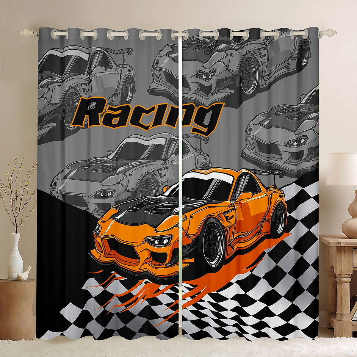Manfei Orange Racing Car Blackout Curtains Set of 2 (52x84 Each