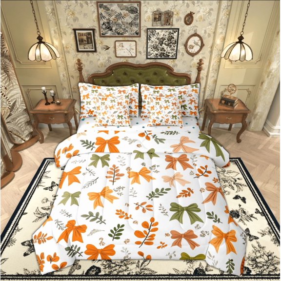Manfei Orange Retro Bowknot Twin Bedding Sets 7-Piece, Autumn Leaf Plant Bedding Comforter Set, Princess Style Reversible Sheet Sets, Luxury Bedroom Decor