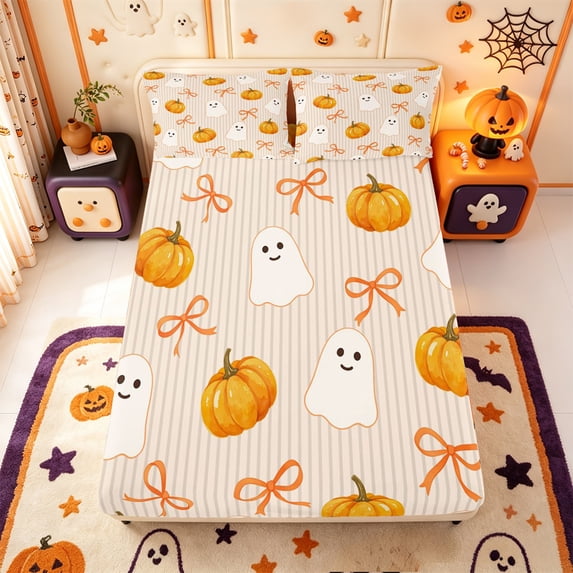 Manfei Orange Ribbon Bowknot Fitted Sheet Queen,Harvest Pumpkin Print Bedding,3-Piece,1 Fitted Sheet and 2 Pillowcases