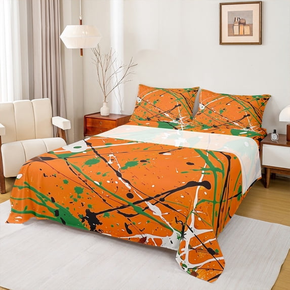 Manfei Orange Splash Splatter Full Size Sheets, Modern Watercolor Bed Sheets, Chic Geometric Striped Sheet Sets, Breathable Home Decor, 4pcs