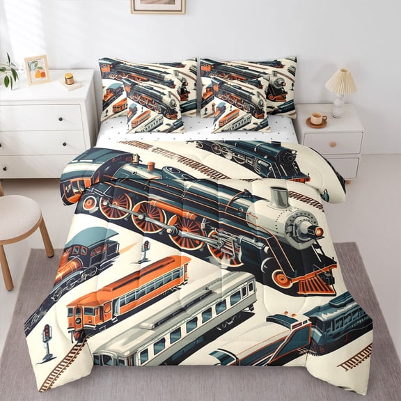 Manfei Orange Train 7-Piece Twin Bedding,Retro Boys Art Bedding Comforter Set,Reversible
