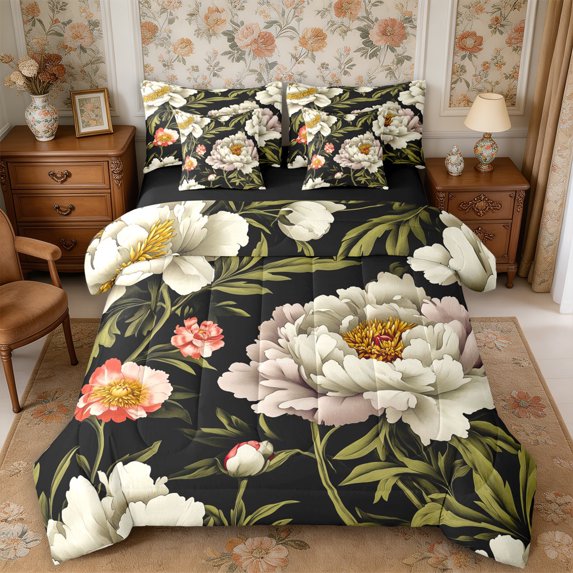 Manfei Oriental Flower Peony 7-Piece Twin Bedding,Spring Garden Bedding Comforter Set,Reversible