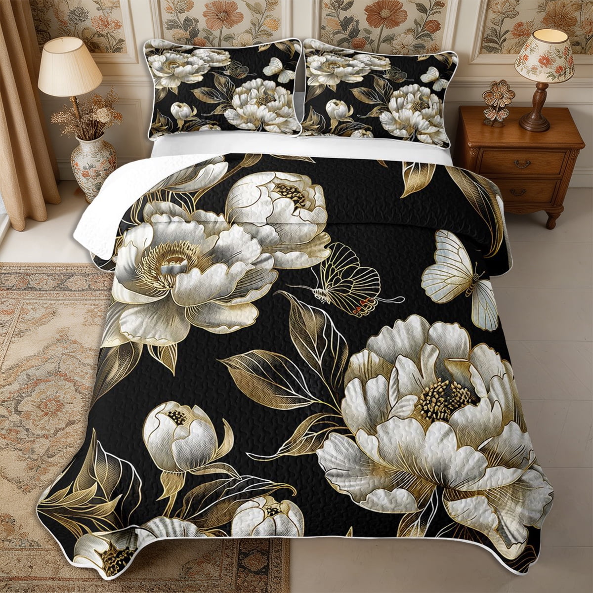 Spring Quilt Set Manfei Oriental Flower Peony Bed Spread Queen 3pcs,Spring Garden Queen ...
