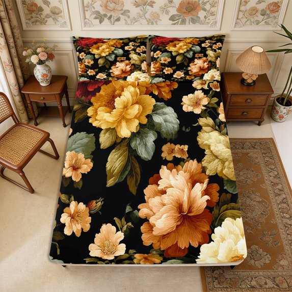 Manfei Oriental Flower Peony Fitted Sheet Full 3 Pieces,Spring Garden Bed Set,1 Fitted Sheet and 2 Pillowcases