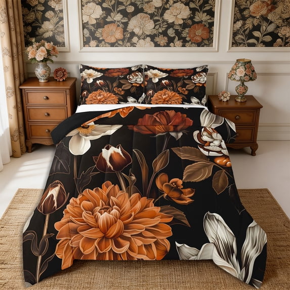 Manfei Oriental Flower Peony Full Size Comforter Sets 3-Piece,Spring Garden Bedding Comforter Set,1 Comforter and 2 Pillowcases,Reversible