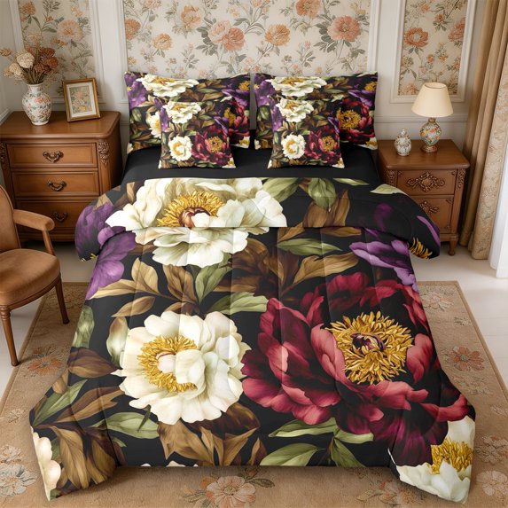 Manfei Oriental Flower Peony King Bedding 7pcs,Spring Garden King Bed in a Bag,Reversible