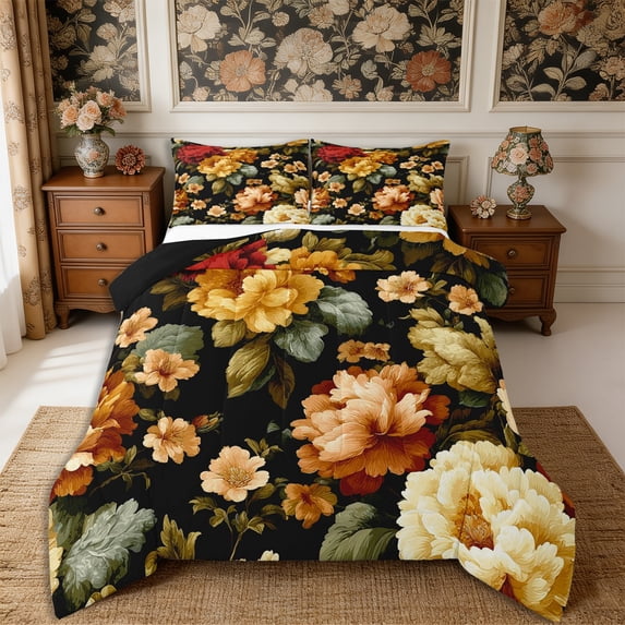 Manfei Oriental Flower Peony Queen Comforter Set 3 Pieces,Spring Garden Comforter Sets Queen,1 Comforter and 2 Pillowcases,Reversible