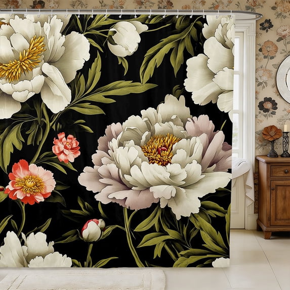 Manfei Oriental Flower Peony Shower Curtain 72Wx78L,Spring Garden Bath Curtain