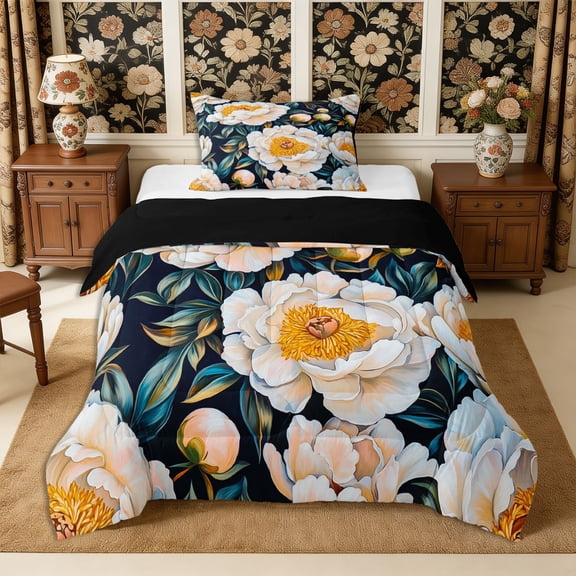 Manfei Oriental Flower Peony Twin Comforter Sets 2pcs,Spring Garden Bedding Set,1 Comforter and 1 Pillowcase,Reversible