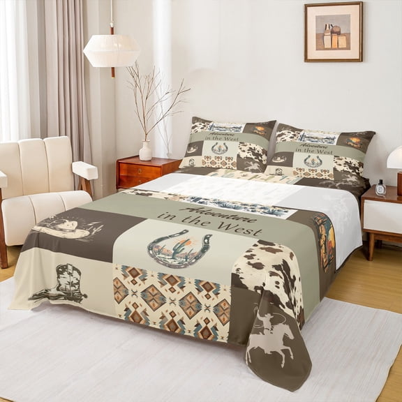 Manfei Outdoor Adventure Queen Sheet Sets,Rustic Coboy Horseshoe Flat Sheet,Tropical Desert Cactus Queen Fitted Sheet For Men Women,Ultra Soft Home Decor,4pcs