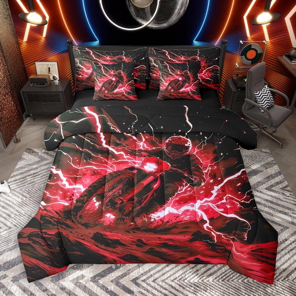 Manfei Outdoor Motocross 7 Pieces Bedding Comforter Set,Dirt Bike Sport Full Bedding Set,Red Black Fitted Sheet Flat Sheet For Boys,Lightweight Room Decorative Reversible