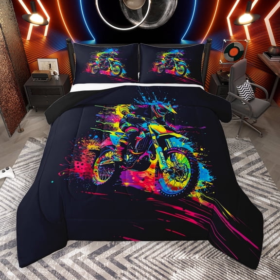 Manfei Outdoor Motocross Full Size Comforter Sets,Watercolor Graffiti Bedding Comforter Set,Dirt Bike Sport Bedding Sets For Boys,Lightweight Room Decorative Reversible,3-Piece