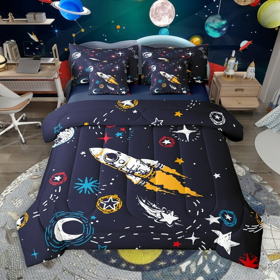 Manfei Outdoor Spacecraft 7pcs Bedding Comforter Set,Colorful Graffiti Queen Bedding Sets,Colorful Stars Print Queen Sheet Sets For Boy Teens,Luxury Bedroom Decor Reversible