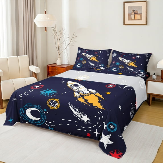 Manfei Outdoor Spacecraft Bed Sheets,Colorful Graffiti King Sheets,Colorful Stars Print Sheet Set For Boy Teens,Luxury Bedroom Decor,4 Pieces