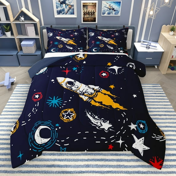 Manfei Outdoor Spacecraft Queen Comforter Set,Colorful Graffiti Bedding Sets,Colorful Stars Print Bedding Comforter Set For Boy Teens,Luxury Bedroom Decor Reversible,3-Piece
