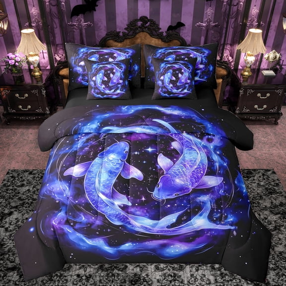 Manfei Outer Space 7-Piece Twin Bedding Sets,Cartoon Goldfish Bedding Comforter Set,Gradient Blue Purple Sheet Sets For Teens,Ultra Soft Home Decor Reversible