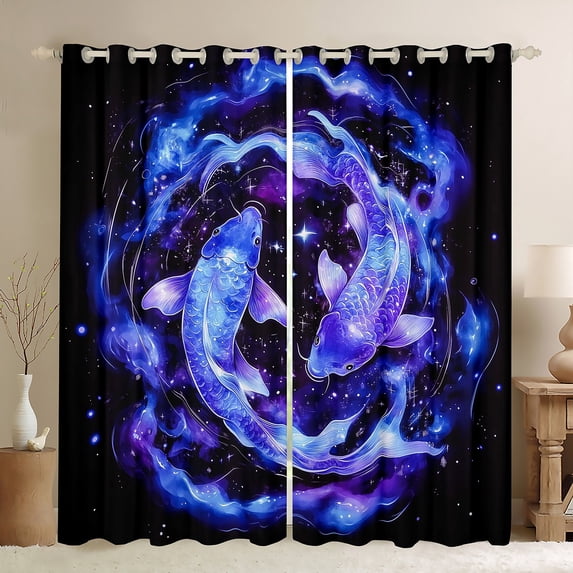 Manfei Outer Space Black Out Curtains,Cartoon Goldfish Curtains Pack of 2 (42x63 Each),Gradient Blue Purple Bedroom Curtains For Teens,Ultra Soft Home Decor
