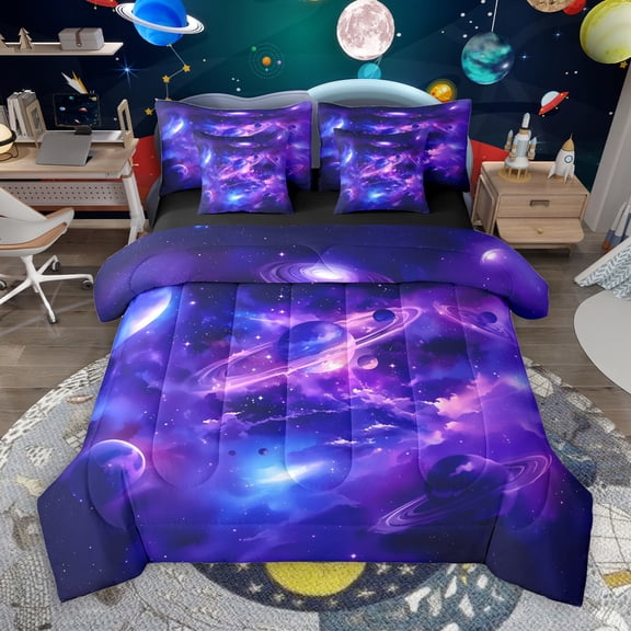 Manfei Outer Space Planet 7-Piece Bedding Comforter Set,Galxxy Staryy Night King Bedding Sets,Purple Blue Ombre Bed Sheets For Boys Kids,Super Cozy Room Decor Reversible