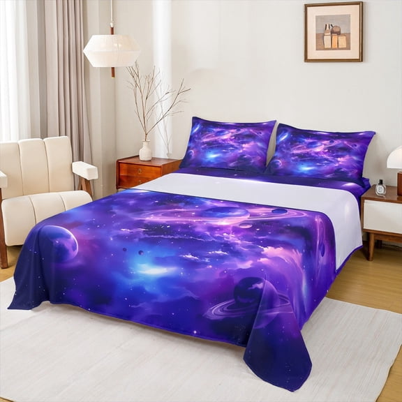 Manfei Outer Space Planet Queen Sheet Sets,Galxxy Staryy Night Flat Sheet,Purple Blue Ombre Queen Fitted Sheet For Boys Kids,Super Cozy Room Decor,4-Piece