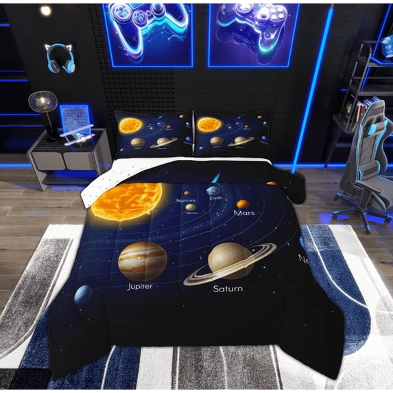 Feelyou Outer Space Queen Comforter Set, Psychedelic Saturn Planet Bedding Sets, Track Line Bedding Comforter Set, Breathable Bedroom Decor, 3-Piece