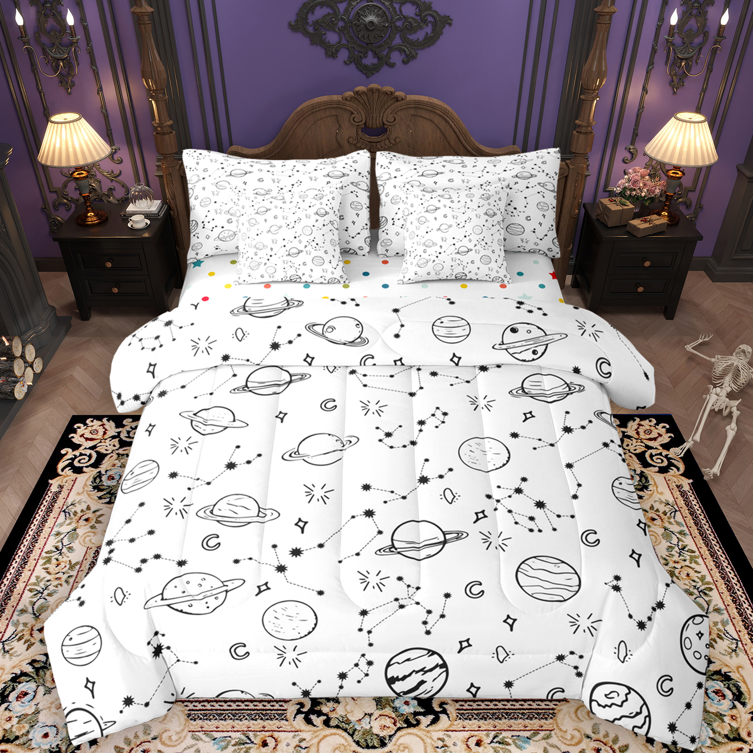 Manfei Outer Space Teen 7pcs Bedding Comforter Set, White Black Stars ...