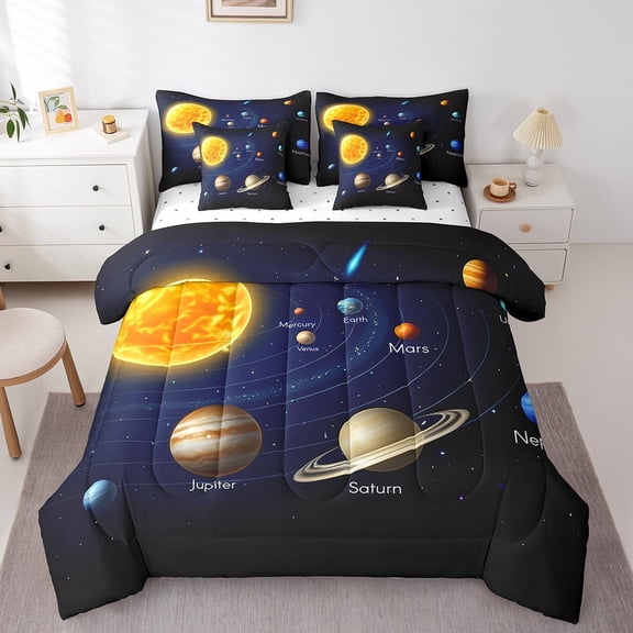 Feelyou Outer Space Twin Bedding Sets 7-Piece, Psychedelic Saturn Planet Bedding Comforter Set, Track Line Sheet Sets, Breathable Bedroom Decor
