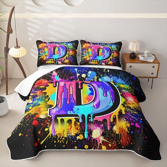 Monogramen Manfei Paint Splash Print Monogrammed D Quilt Full, Black, 3 Pieces, 1 ...