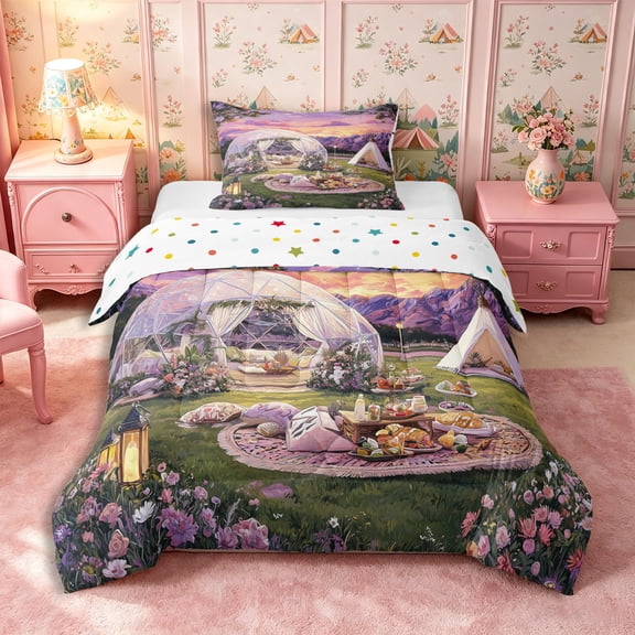 Manfei Painting Sunset Glamping Pattern Twin Comforter Sets 2pcs,Mountain Dome Tent Print Bedding Set,Purple Green,1 Comforter and 1 Pillowcase,Reversible